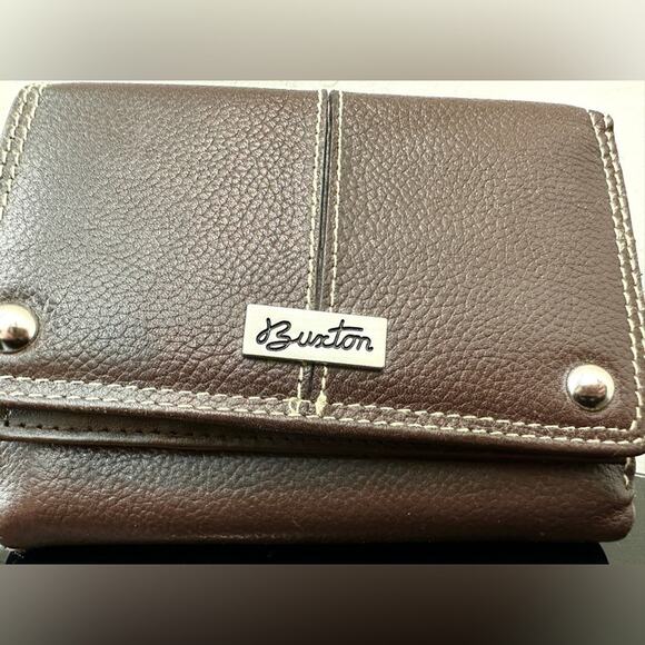 BUXTON | Brown Leather Trifold Wallet with Contrast Stitching Snap Closure - Picture 3 of 5